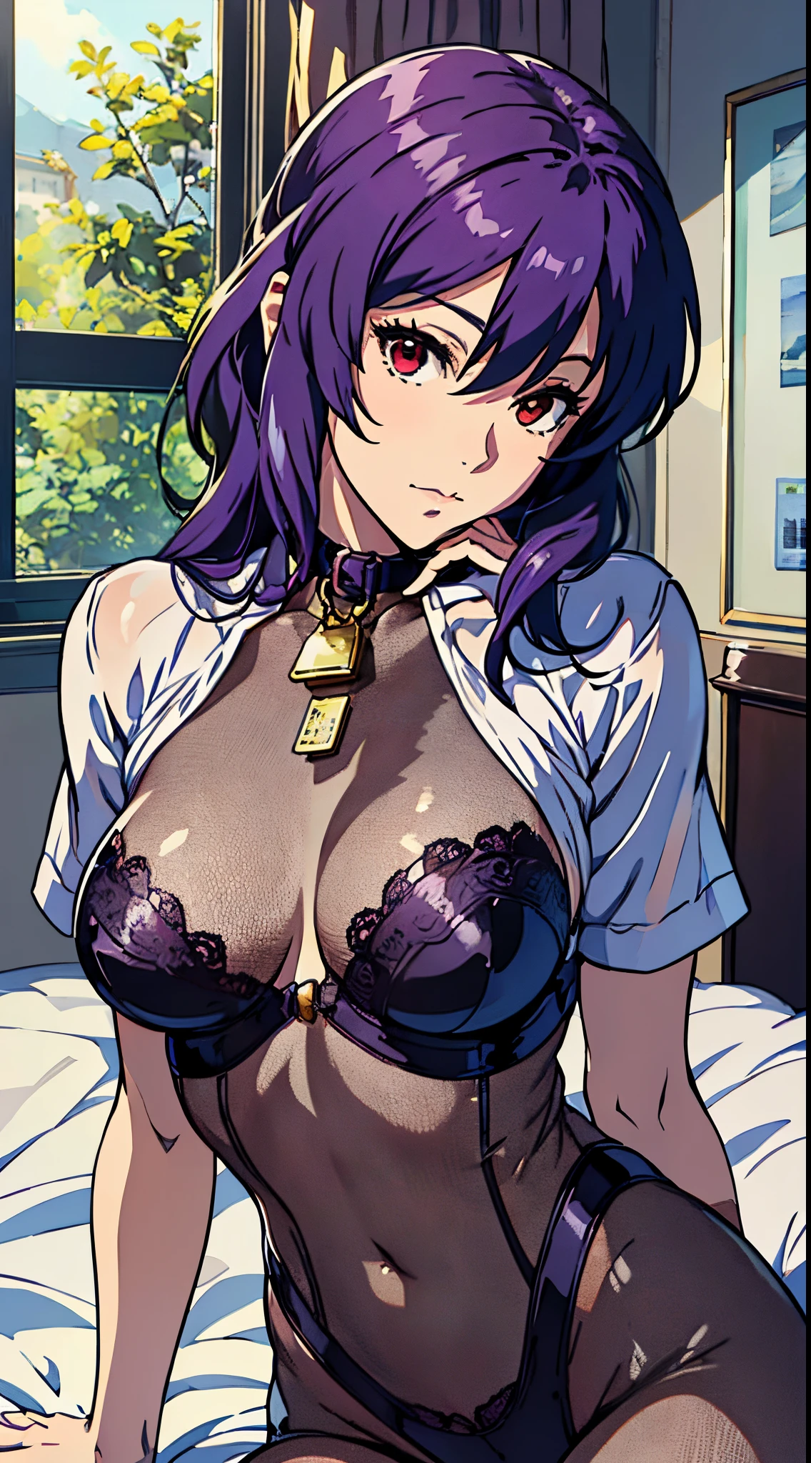 Suko Kusanagi, Purple colored hair, red eyes,Wearing a transparent black bodysuit,anime style beautiful woman, lie on bed, (tmasterpiece, Best quality:1.2), cow boy shooting, Alone, 1 busty girl, Highest resolution,distinct_Image of a)Best quality, maam, tmasterpiece, The is very detailed, Semi-realistic, Transparent oversized T-shirt,exposing her breasts, shirt pulling, The collar is around the neck, Inside the room, Modern bedroom, window, Get up, Morning, The face is red