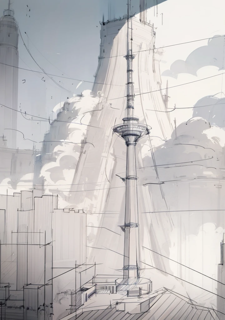 Draw a tall tower，There is a clock at the top, towering over a city, Line, digital sketch, detailed but rough, concept sketches, pylons, Animation city line drawing, conceptual drawing, sketching, Line!!, conceptual drawing, digital drawing, sketch illustratio, There are towers, outline sketch, wip, Concept art sketch, low res
