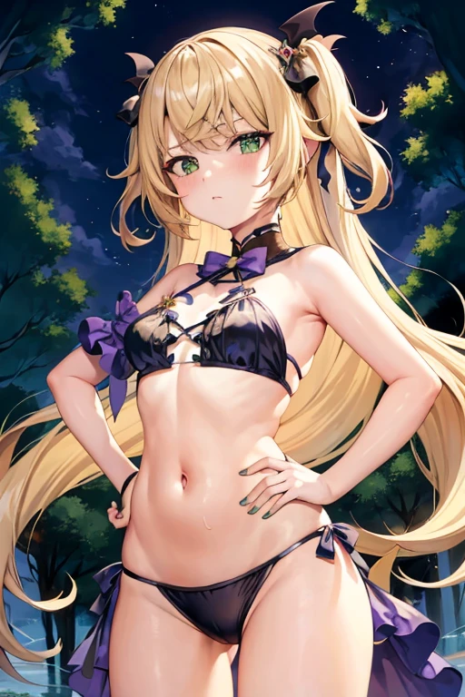 master part, best quality, Fischl (Impacto Genshin), 1girl, sozinho, olhos verdes, blonde hair, tapa-olho, dois lados para cima, cabelos longos, Hands on hips, underwear, Panties,unhas pretas, cabelo sobre um olho, calcinha preta, fita de cabelo, fita, seios, coxas, nail polish, seios pequenos, arco, franja, 鎖骨, boca fechada, cowboy shot, bareshoulders, coxas pretas, Tampo do tanque, Camisola, pernas cortadas
