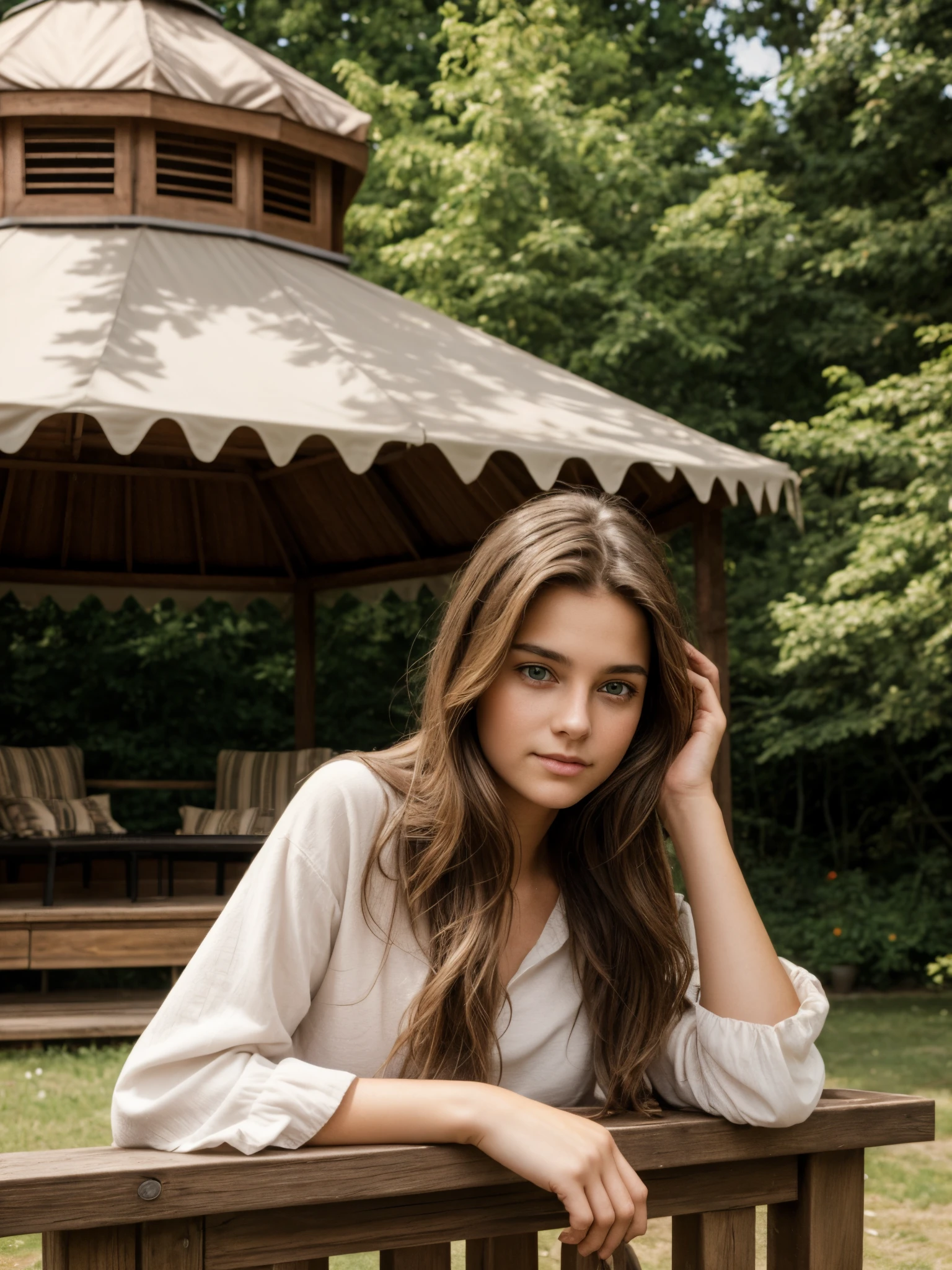 “Create an image in Stable Diffusion, which depicts a beautiful twenty-year-old girl of German appearance. She has dark brown eyes and long flowing brown hair.. Girl resting in a cozy gazebo, surrounded by nature. She is dressed in comfortable summer clothes, emphasizing her style and natural beauty.”, add_detail:0.8