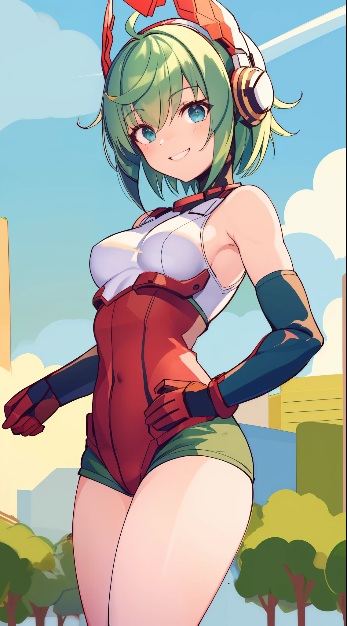 1 girl, mecha headgear, short hair, green hair, blue eyes, small breasts, red tank top, demin shorts, elbow gloves, cute girl, smiling, realistic, red shoes,  in the park, full body in frame