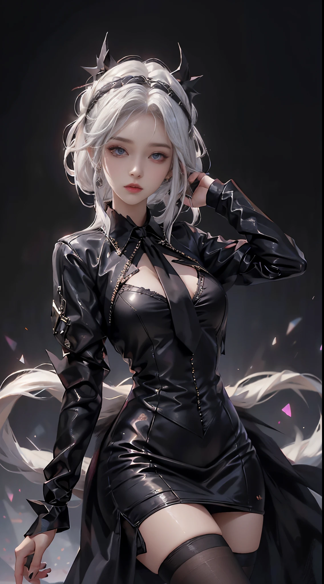 realisticlying, A high resolution, 1 Women, Alone, hip-up,(Lolita costume)， pretty eyes, White hair, eye socket, collared shir,black necktie,Black dress, pencil skirts, Fur coat