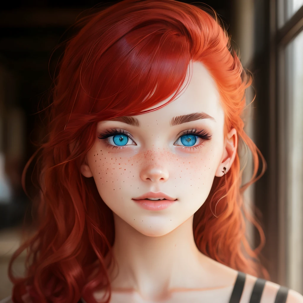 Cute girl, redhead, freckles, , blue eyes, fierce look, smiling, close up, pixar