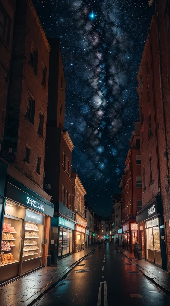The closed shopping street is dark, the sky is space, and the earth can be seen