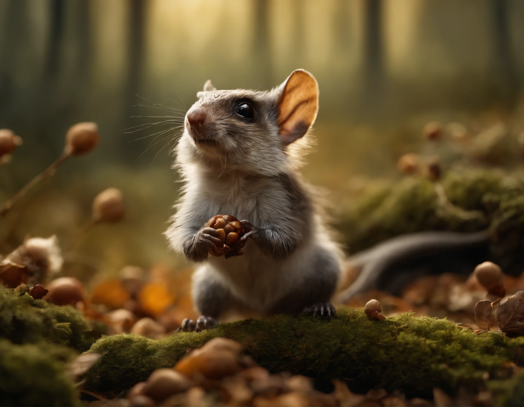 gremlin, mole-like, bright silver and brown, long tail, double nose, huge ears, covered with silver fur,tousled, five toes on each paw, holding a huge acorn in his paws,  stands in a forest clearing under the foliage of bast., acorns lie in the clearing, acorns glow, Crickets fly, Best Quality, Masterpiece, in style of dark fantasy art,  fantasy-inspired, in the style of John Tolkien,