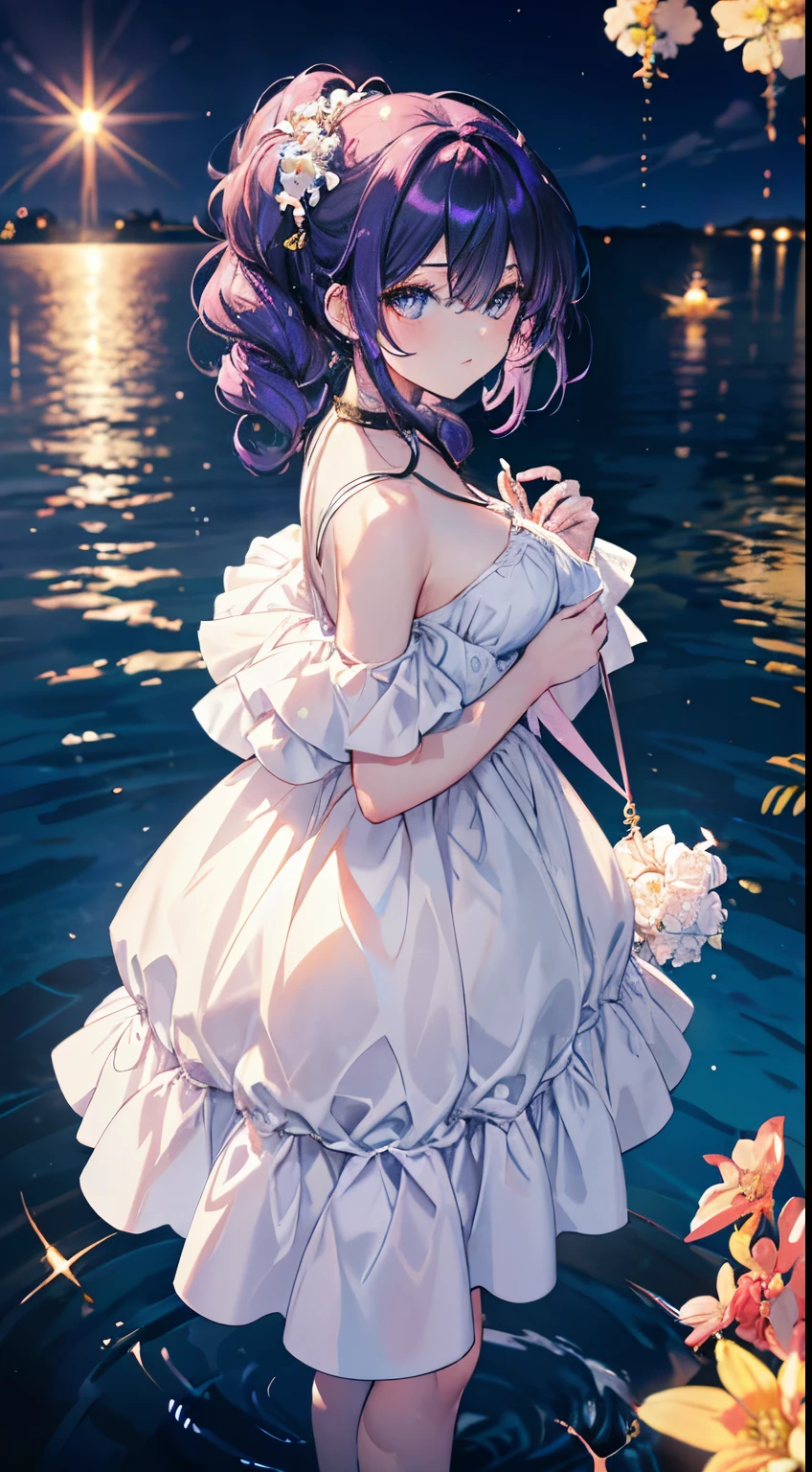 (tmasterpiece), (Best quality), (ultra - detailed),(Coiled hair),(illuminations), (1 busty girl), (Fashion clothing), Eternal, a fashion model, looking at viewert, (Interview), (simple backgound), Beautiful and delicate eyes, Delicate and beautiful, floating, (high saturated), (colorful splash), Colorful bubbles, (shine), Focus on the face, pony tails, The color hair, through bangs, Hair rings, floating flowers, floated hair, (Shiny), best illuminate, The best shadow, Full body lesbian, Faraway view,(The color hair)