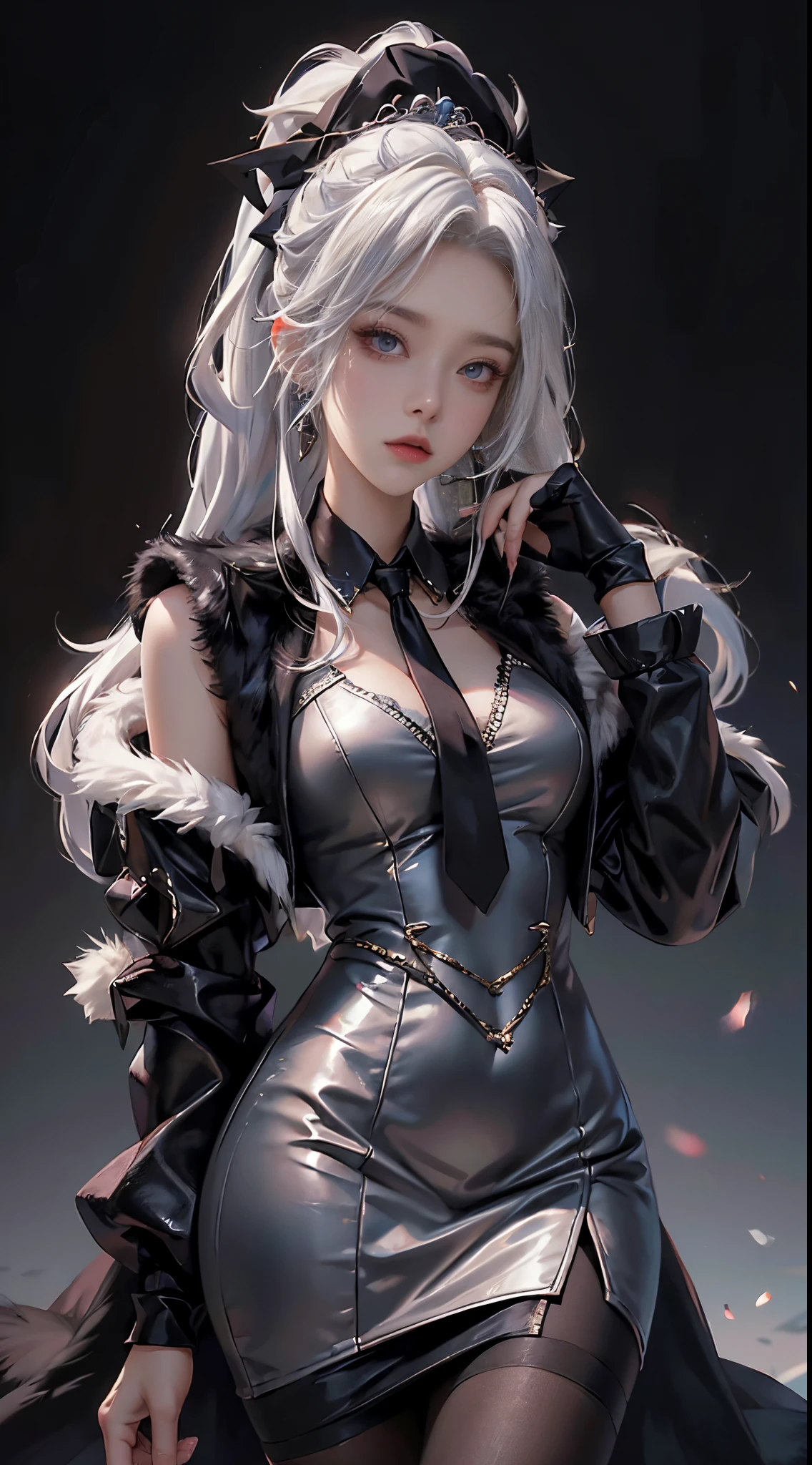 realistically, A high resolution, 1 Women, Alone, butt lift,(Lolita costume)， pretty eyes, White hair, eye socket, collared shir,black necktie,pinkskirt, pencil skirts, Fur coat