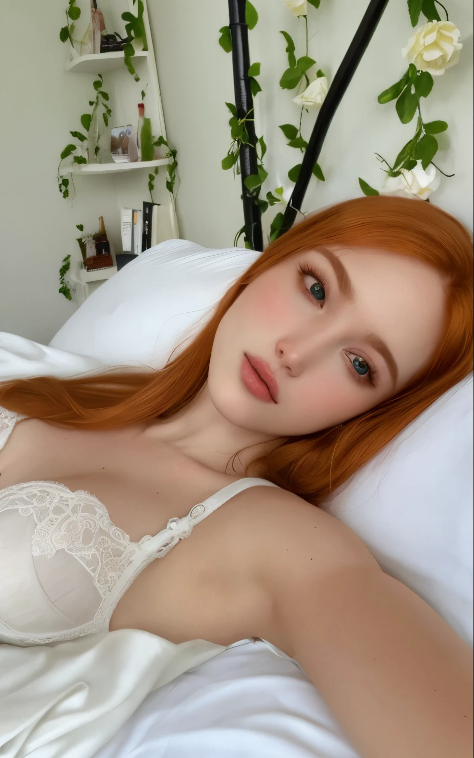 there is a woman lying on the bed in a white bra, soft flawless pale skin, pale glowing skin, natural soft pale skin, smooth pale skin, soft pale white skin, Sophie Turner, with pale skin, Ellie Bamber Fada, Amouranth, pia sadie, com cabelos ruivos e olhos verdes, Ellie Bamber, pale fair skin!!, Olhos do quarto