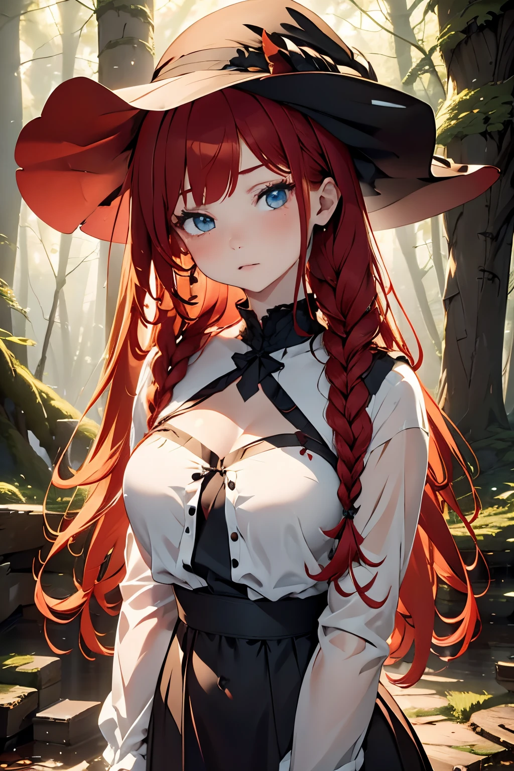 Full body portrait, forest, Night, fireflys, Beautiful Girl, redhair, Twin braids, real photo of 18 year old girl, curls, hitornfreckles, Unbuttoned, big neckline, White blouse, Torn dress, Nip slip, Black background, Light on Face, dream, Magical atmosphere, Cinematic lighting, embers, Fantasy, actionpose, myst, CRU photo, 8K UHD, Film grain