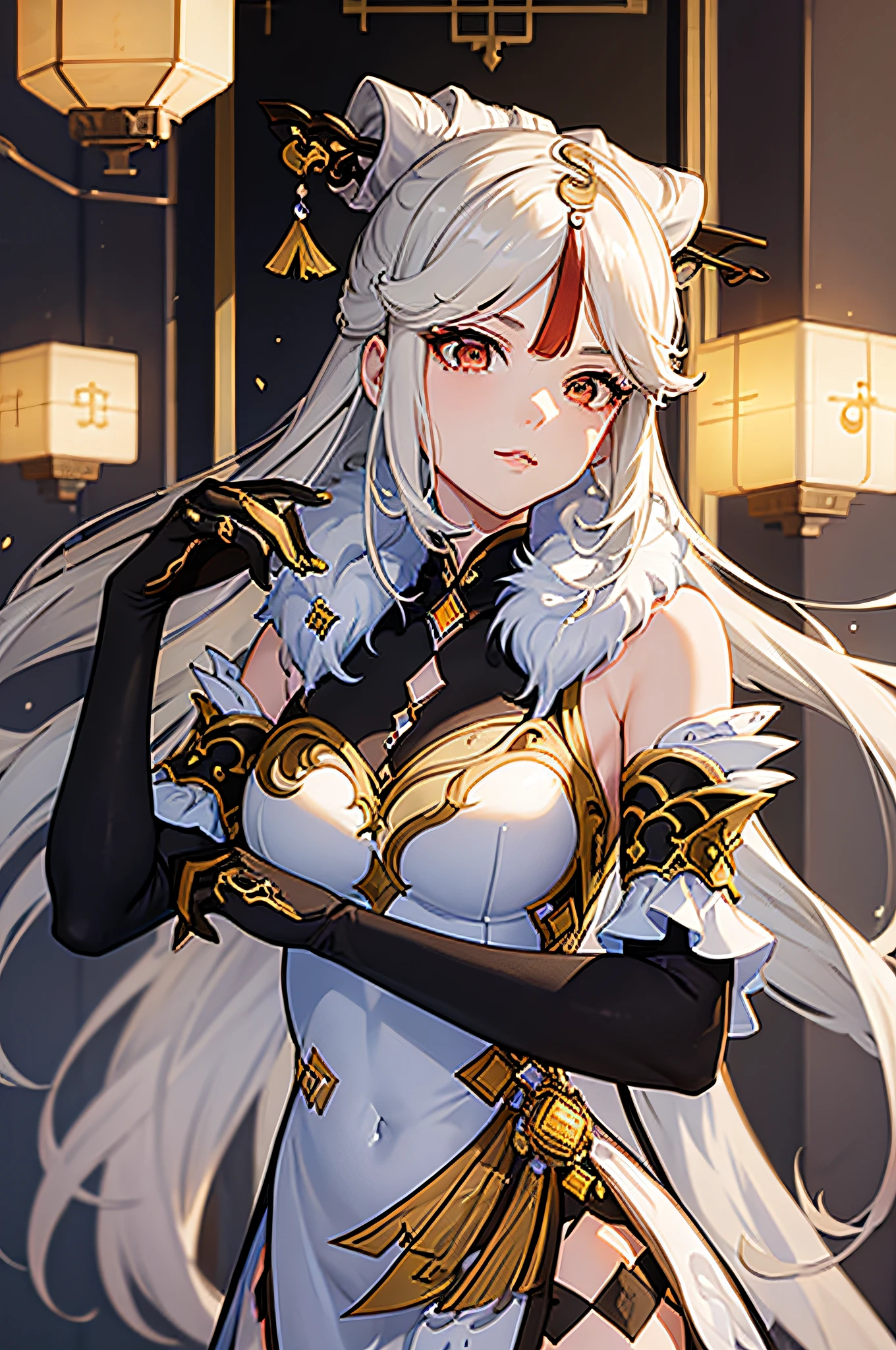 (dynamic angle:1.3, front view:1.1, breast focus:1.3, from below:1.2), (dynamic posing:1.5, sexy posing:1.2, leaning forward), (seductive smiling:1.3),(*K) HD, highest quality, Anime style beutiful woman, 1girl,fullbody, happy, (with sparkling eyes and a contagious smile:1.2), red face, closed mouth, beautiful detailed eyes, super detailed skin, backlighting, bare shoulders, black background, black dress, black gloves, silver hair, breasts, dress, earrings, fingerless gloves, floating hair, floral print, flower, gloves, gold earrings, gold hairband, hair flower, hair ornament, hairband, holding, holding two-hands weapon, jewelry, large breasts, long hair, looking at viewer, off-shoulder dress, off shoulder,red eyes, short hair with long locks, sidelocks, solo, spikes, thighs, two-sided dress, two-sided fabric, weapon, fighting stance , face, close up, from above, highest quality, high resolution,Real World, Natural light,perfect Natural light,looking at viewer,
