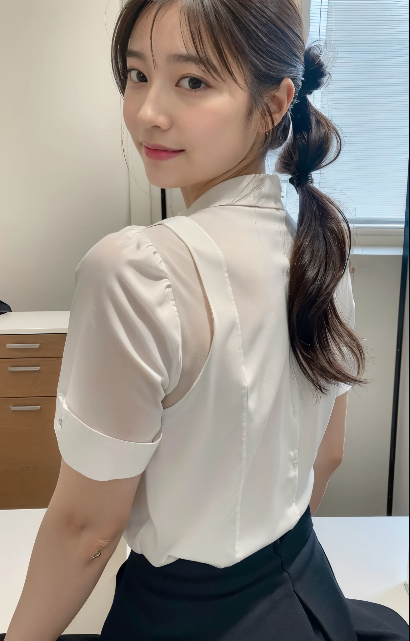 (Best quality, 8k, 32k, Masterpiece, UHD:1.2), from behind, 1 walking girl, beautiy Japanese office lady, (smile:0.5), (looking at the the viewer), 30 years old, bit chubby, white shirt, black skirt, office room, desk, (small breasts, buttocks:1.2), detailed beautiful face, wavy pony-tail hair, from below,