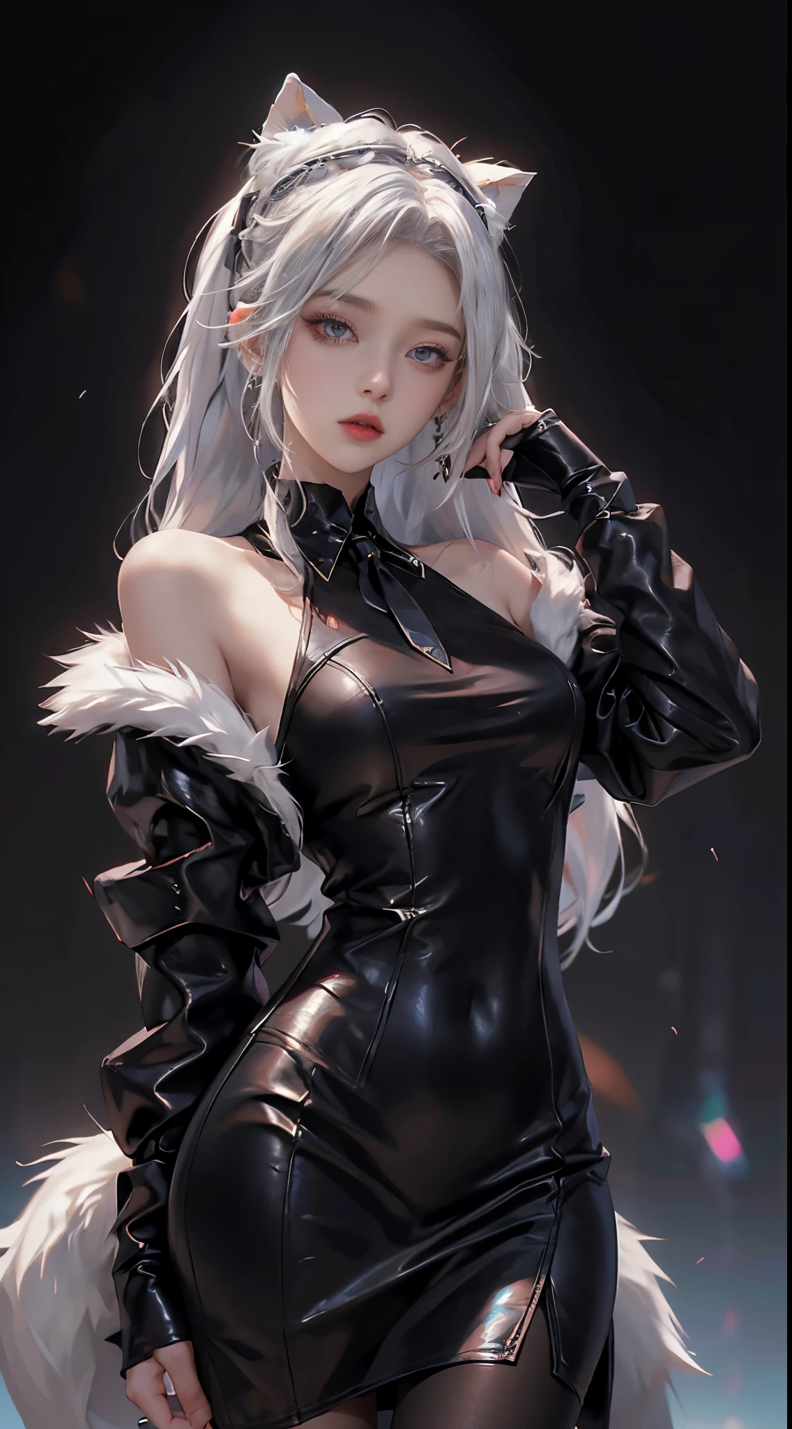 realisticlying, A high resolution, 1 Women, Alone, hip-up,(Lolita costume), pretty eyes, White hair, eye socket, collared shir,black necktie,Black dress, pencil skirts, Fur coat