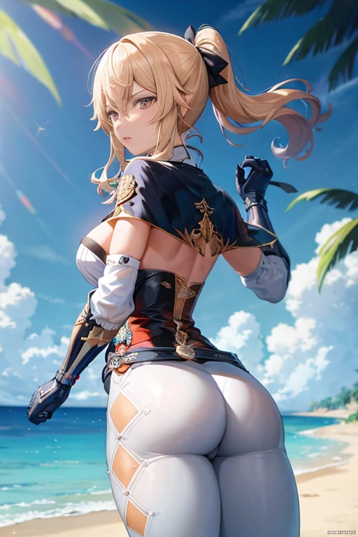 master part, best quality, 1girl, Jean (Impacto Genshin), ass, sozinho, arma, blonde hair, espada, tight pants, Apertado, olhos azuis, Olhando para o Viewer, Luvas, de baixo, rabo-de-cavalo, Pants, seios, segurando espada, propriedade, segurando arma, hairbow, foco na bunda, mangas destacadas, Looking back, Capelet, Coxas, arco, cabelos longos, franja, sorrir, luvas pretas, from behind, Fechaduras laterais, No Straps, espartilho, huge ass, bareshoulders, calcinhas, cabelo entre os olhos, white pant, fundo simples, gradiente, Aba, medium breasts, black bow