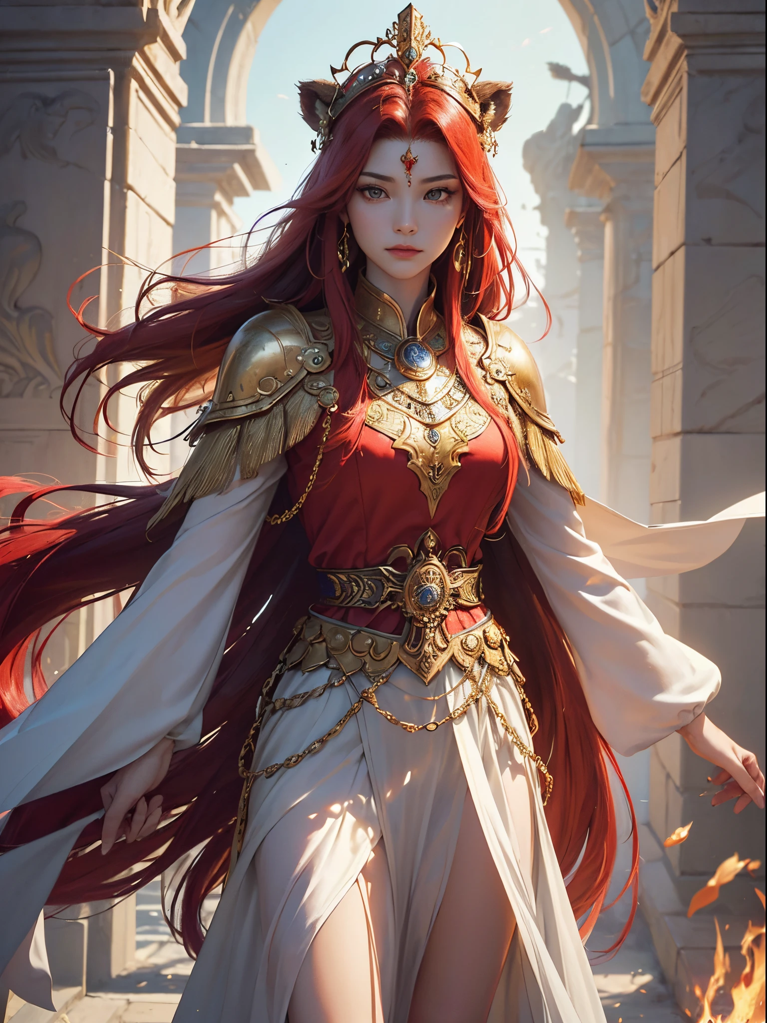 A woman in a red dress and gold crown standing in front of a stone ...