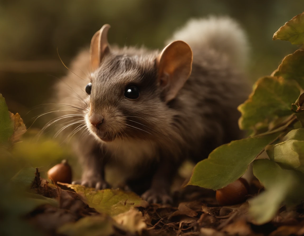 gremlin, mole-like, bright silver and brown, long tail, double nose, huge ears, covered with silver fur,tousled, five toes on each paw, holding a huge acorn in his paws, I'm standing in a forest clearing under the foliage of bast., acorns lie in the clearing, acorns glow, Crickets fly, Best Quality, Masterpiece, in style of dark fantasy art, in the style of fantasy, in the style of John Tolkien, ,gremlin, mole-like, bright silver and brown, long tail, double nose, huge ears, covered with silver fur,tousled, five toes on each paw, holding a huge acorn in his paws, stands in a forest clearing under the foliage of bast., acorns lie in the clearing, acorns glow, Crickets fly, Best Quality, Masterpiece, in style of dark fantasy art, fantasy-inspired, in the style of John Tolkien,