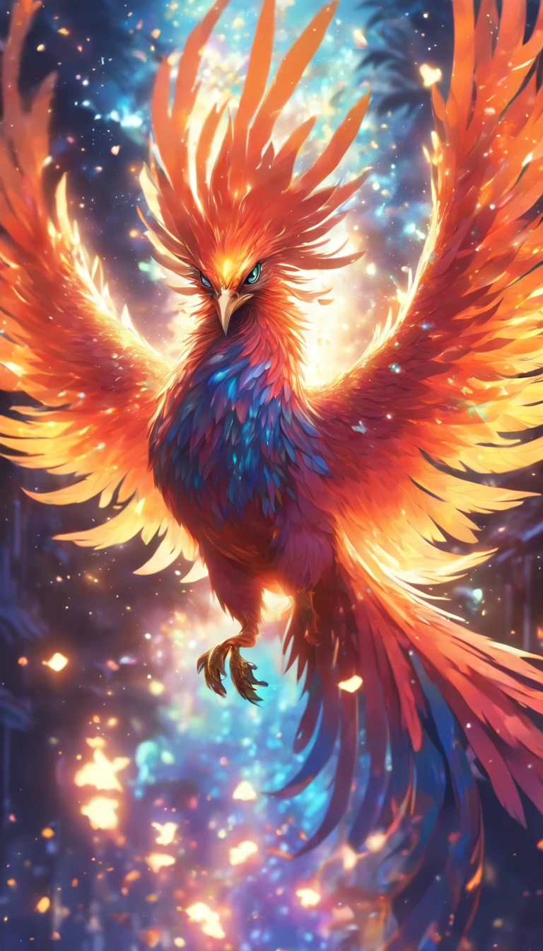 A phoenix with iridescent feathers,Their colors are not of this world,Sparkling like specks of stardust. The phoenix flies through a space of flowing liquid metal and floating coconut trees,Each beat of the wings causes subtle ripples in space,Create surreal visual effects.,