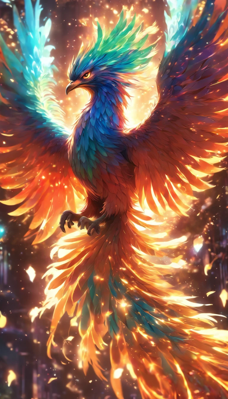 A phoenix with iridescent feathers,Their colors are not of this world,Sparkling like specks of stardust. The phoenix flies through a space of flowing liquid metal and floating coconut trees,Each beat of the wings causes subtle ripples in space,Create surreal visual effects.,