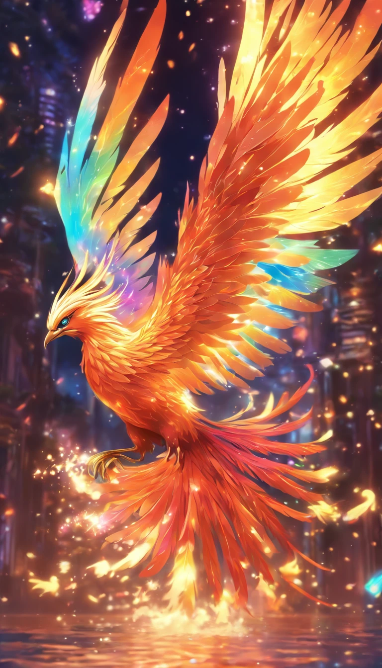 A phoenix with iridescent feathers,Their colors are not of this world,Sparkling like specks of stardust. The phoenix flies through a space of flowing liquid metal and floating coconut trees,Each beat of the wings causes subtle ripples in space,Create surreal visual effects.,