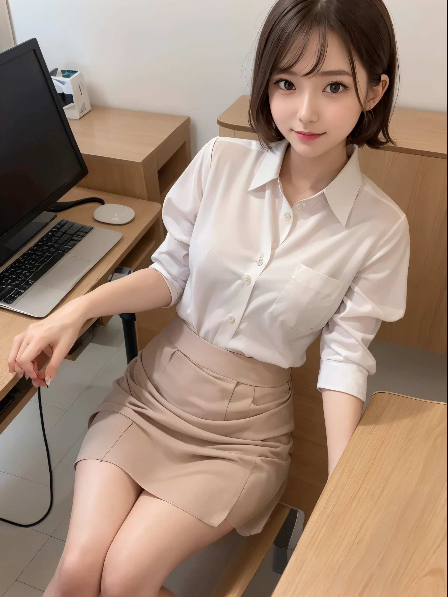((of the highest quality, 8K, masutepiece: 1.3, Raw photo)), Sharp Focus: 1.4, (1 AESPA Girl :1.1), Solo, (Realistic, Photorealistic: 1.37), (Face Focus: 1.2), Cute face, hyperdetailed face, (short messy hair: 1.3), or updo, small smile, small breasts, flat chest, nude, (office uniform like chiffon shirt, chiffon skirt: 1.3), thigh, office room, flower, lily