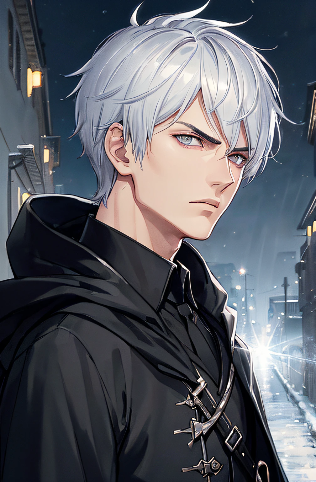 kk, best quality, more details, masterpiece, 1 boy (solo), anime assassin character, male focus, anime boy wearing a black cloak with a hood, no hood, black eyes, short hair, silver hair, thin bangs, short nape hair, serious, close-up scene, angle of skew, miserable background, lens flare, eyes looking at the sky, old town in the background (night), extremely detailed, effects great effect, ((dramatic lighting)), dark scene, best quality, detailed eyes, detailed skin, Good shadows, detailed background details.