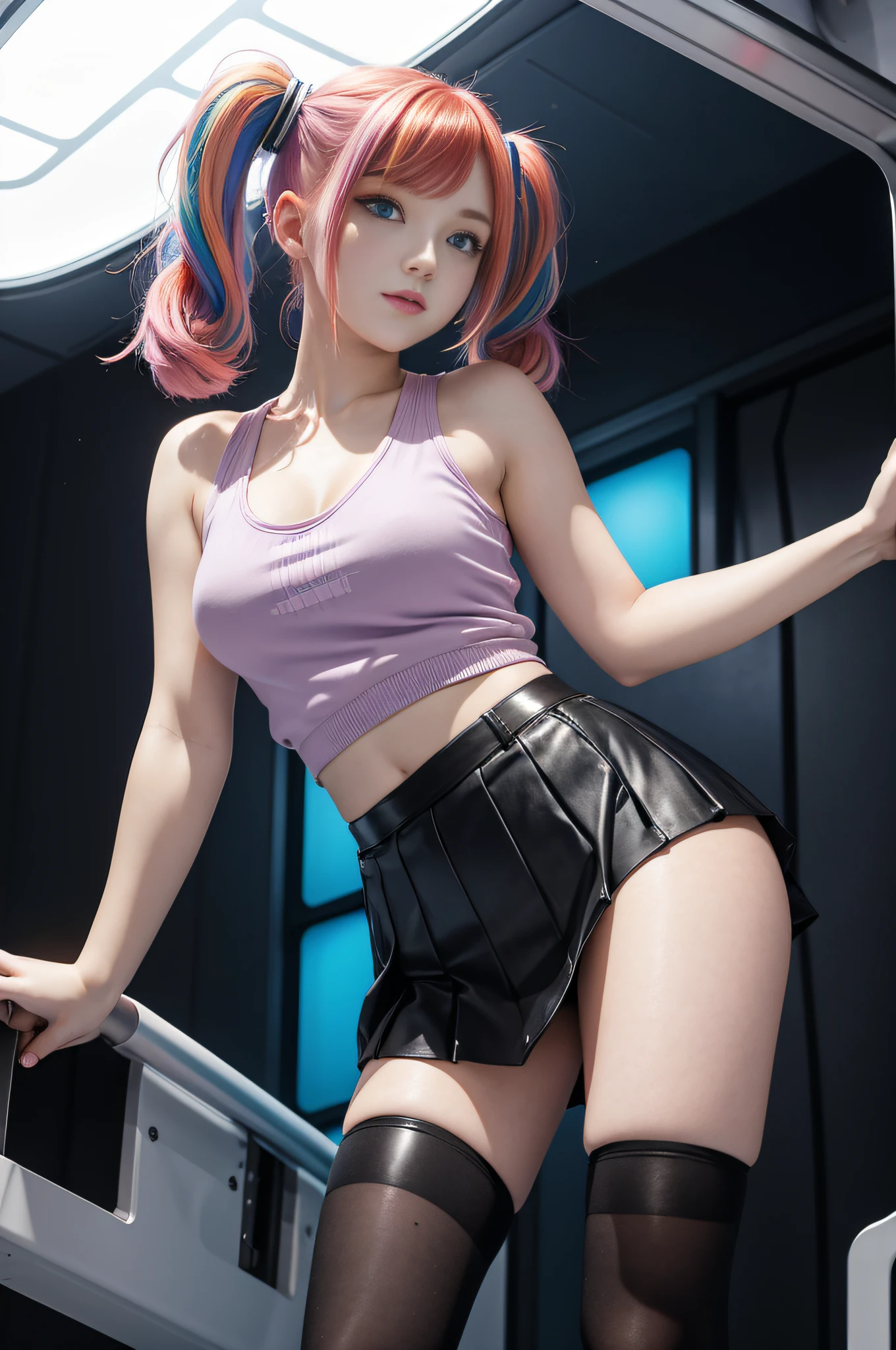 cute redhead with rainbow colored hair tips, 18-year-old woman, happy, in twin tails, perfect blue eyes, pale skin, silky smooth skin, standing on a fancy metal luxurious space ship, dark warm lighting, wearing a j-pop style tank top and a pleated mini skirt, wearing pantyhose, cute leather short cut booties.