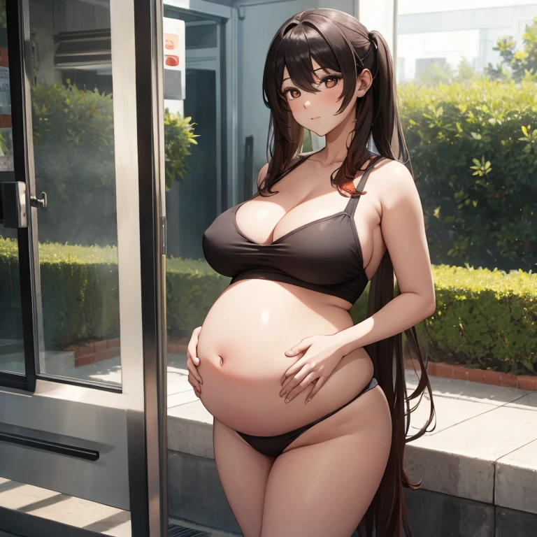Pregnant, huge belly, huge breasts, thick thighs, very thight clothes, best quality, full body