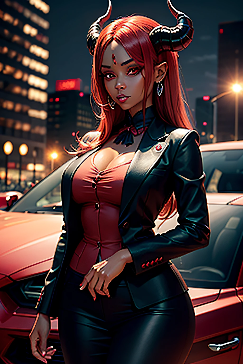 chica demonio espeluznante de piel roja y cuernos, Vestida con una cobarta y un elegante traje ejecutivo en una ciudad futurista, coche negro