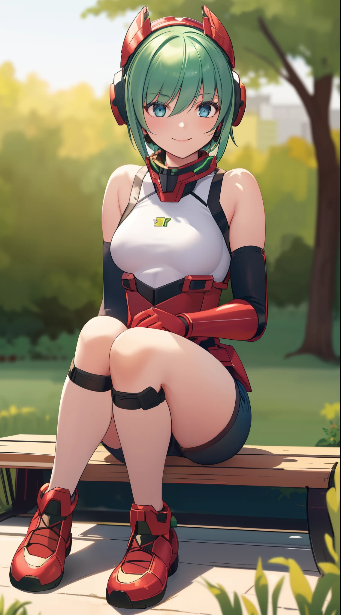 1 girl, ************, mecha headgear, short hair, green hair, blue eyes, small breasts, red tank top, demin shorts, elbow gloves, cute girl, smiling, realistic, red shoes, in the park, full body in frame, sitting in a bench, beautiful girl