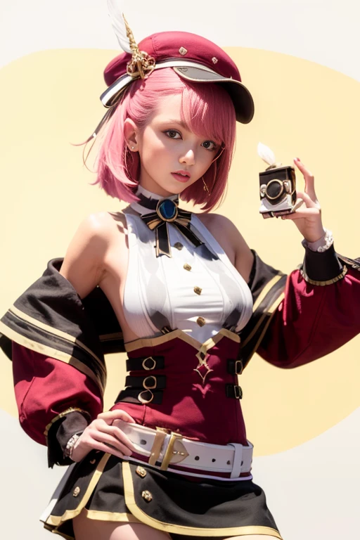 master part, best quality, 1girl,garotinha,sorrir, kalap, cabelo rosa, Luvas, bareshoulders, belt, olhos verdes,thigh strap, mangas destacadas, camisa branca, monocle, short hair, jewelries,fita, Tem Pena, holding camera