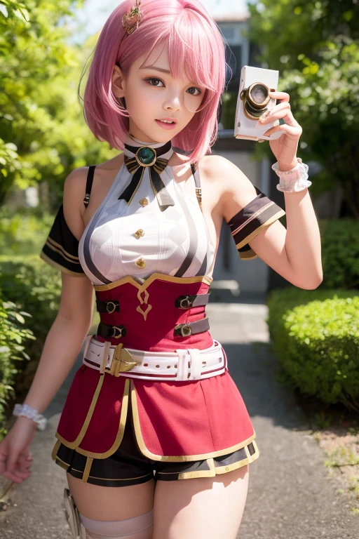 master part, best quality, 1girl,garotinha,sorrir, kalap, cabelo rosa, Luvas, bareshoulders, belt, olhos verdes,thigh strap, mangas destacadas, camisa branca, monocle, short hair, jewelries,fita, Tem Pena, holding camera