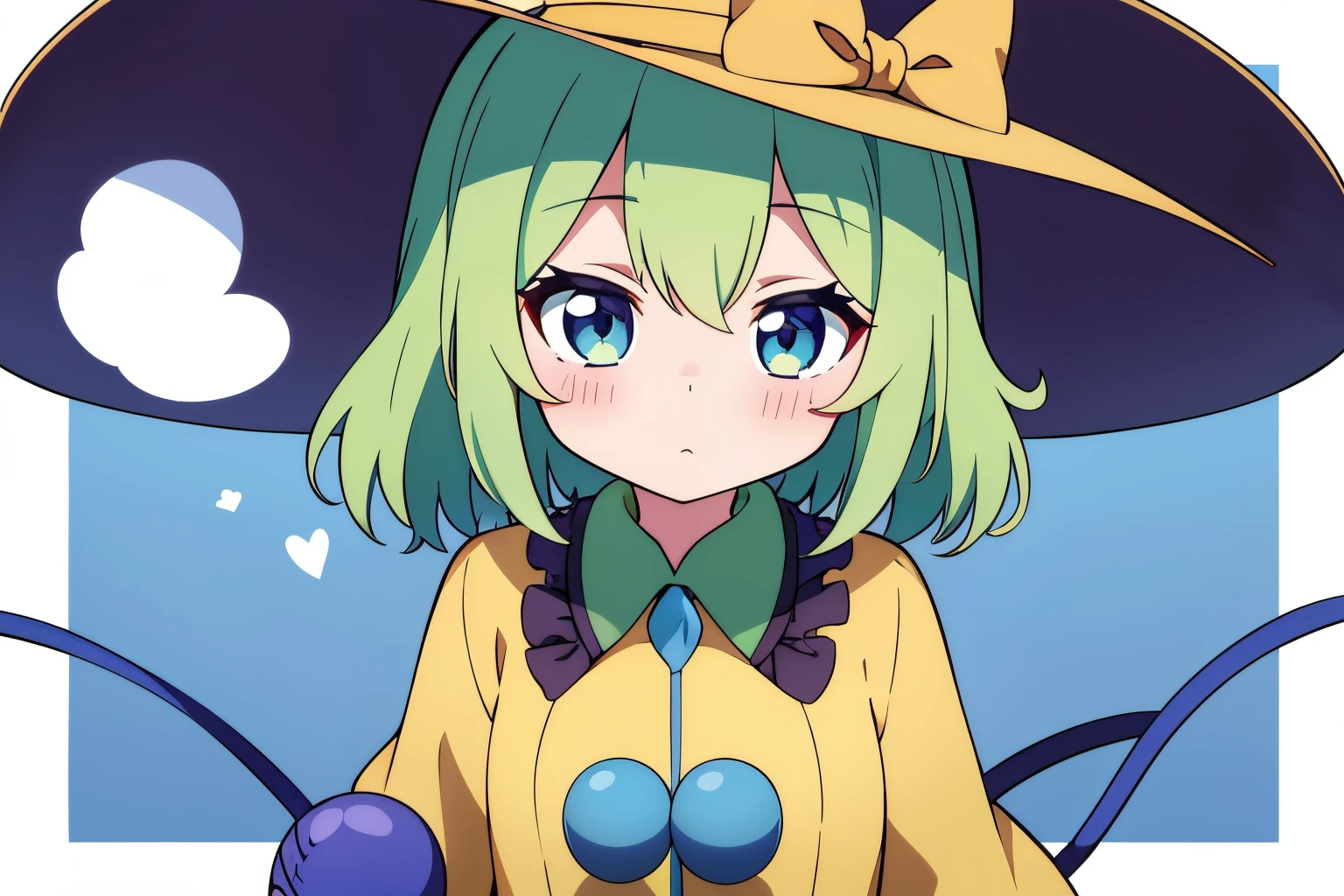 Anime style、Best Quality, 1girl in, close range、独奏, （Koishi Komeiji stares at the camera）、From upper body up、is standing、 美丽的面容、real  face、Eye Highlights、Petite、childish、with a pure white background、