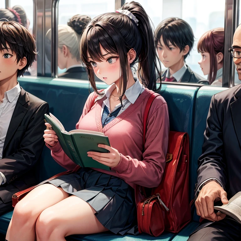 High school girl with ponytail reading a book.　In a crowded train