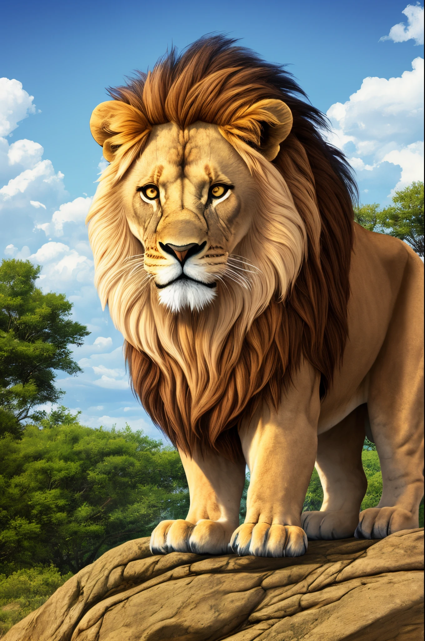 coloring picture for children with a lion as motif. the lion stands majestically on a large rock and looks into the great wide savannah in good weather --auto --s2