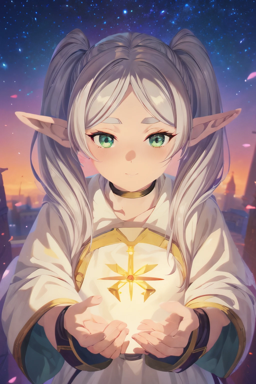 An elf girl,Twin tails with gray hair、White robes and skirts、Black tights、Brown boots,Green eyes,Parted bangs,Thick eyebrows,Beautiful Finger,Beautiful character design, Official art,Highly detailed CG Unity 8K wallpaper, Perfect Lighting,Colorful, Bright_front_Face_Lighting,Shiny skin, (masutepiece:1.0),(best_quality:1.0), 超A high resolution,4K,Ultra-detailed, Photography, 8K, nffsw, hight resolution, Lens Flare, (Beautiful_Face:1.5),(narrow_waist), hight resolution,masutepiece,Best Quality, Holding a magician's wand in his hand、Medieval cityscape