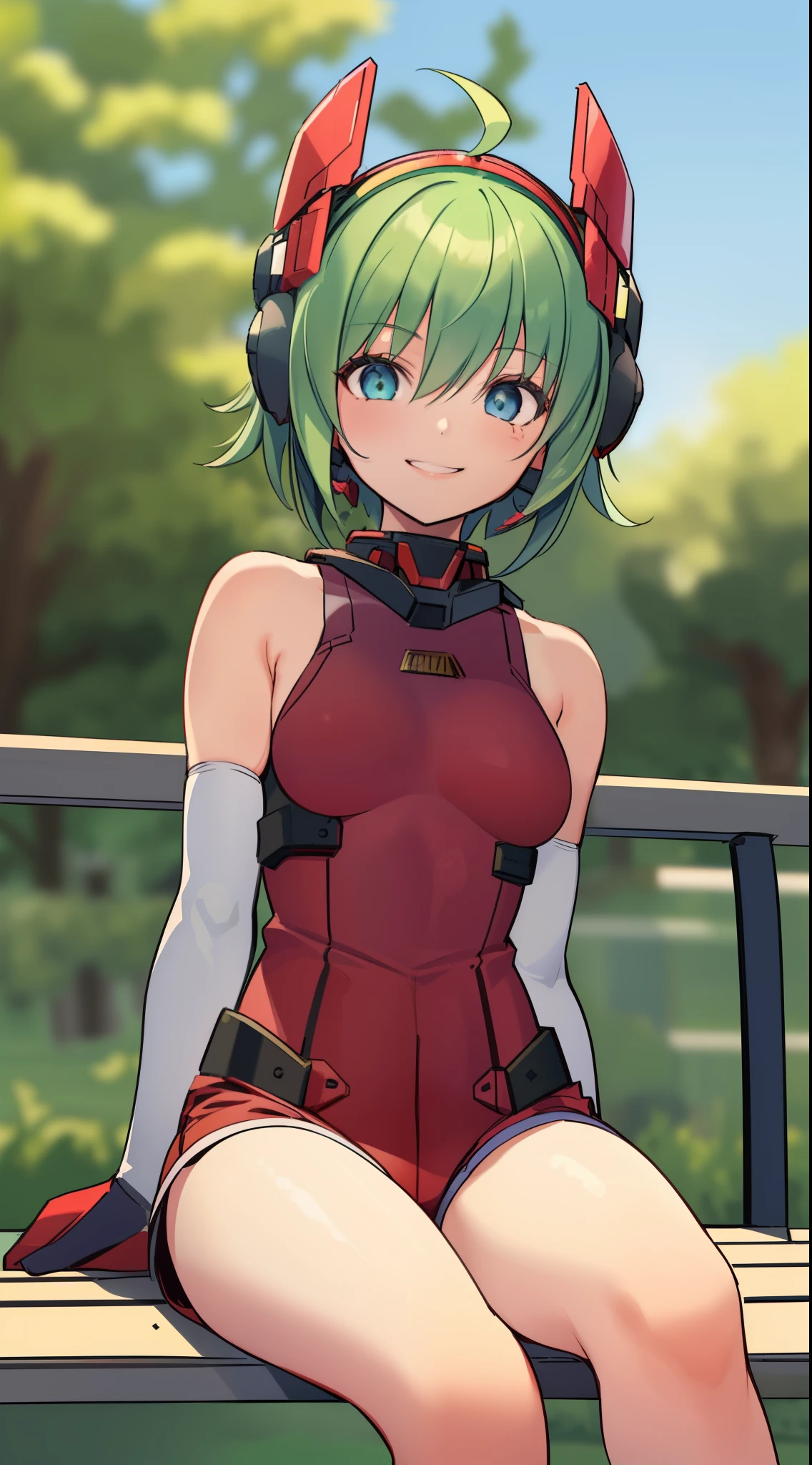 1 girl, ************, mecha headgear, short hair, green hair, blue eyes, small breasts, red tank top, demin shorts, elbow gloves, cute girl, smiling, realistic, red shoes, in the park, full body in frame, sitting in a bench, beautiful girl