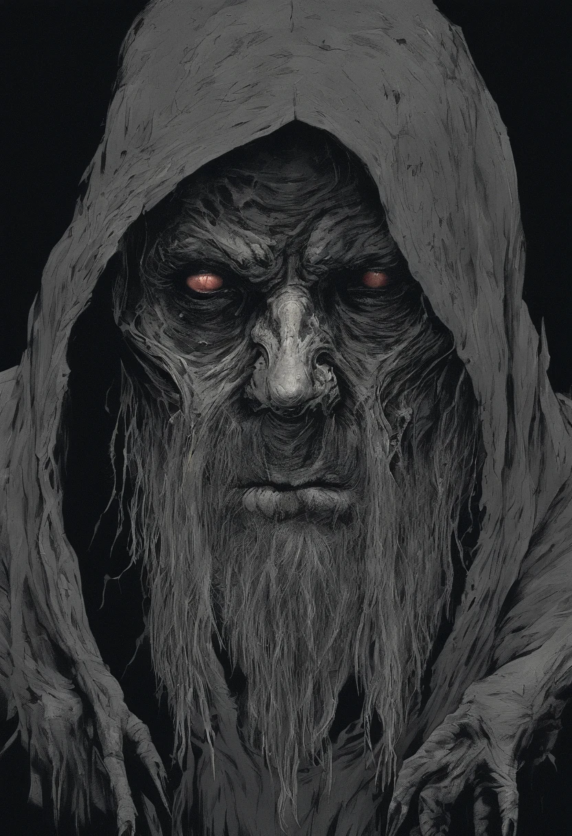 waist up, very old, half of the face deformed and melted, scary, dirty, beggar, monster, short gray hair, pale and wrinkled skin, sparse beard, yellowish pupils, hunched posture, penetrating and evil gaze, torn clothes, cloak with raven feathers on the back, body covered with bands and hood, fog, dark gas station, horror, fear, scary, suspense, mysterious jayson of friday the 13th movie