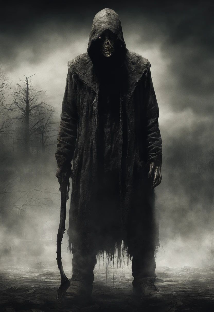 waist up, very old, half of the face deformed and melted, scary, dirty, beggar, monster, short gray hair, pale and wrinkled skin, sparse beard, yellowish pupils, hunched posture, penetrating and evil gaze, torn clothes, cloak with raven feathers on the back, body covered with bands and hood, fog, dark gas station, horror, fear, scary, suspense, mysterious jayson of friday the 13th movie