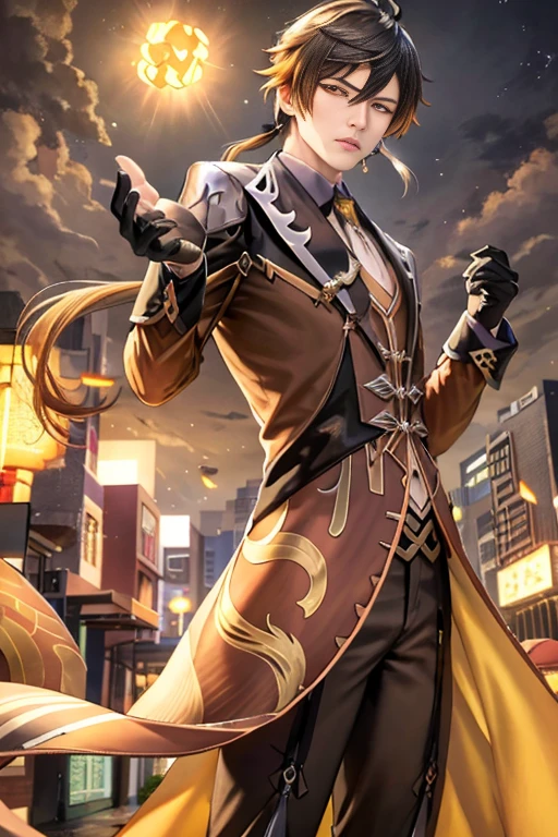 masterpiece, best quality,zhongli (genshin impact), male focus, jewelry, long hair, 1boy, solo, earrings, bangs, gloves, ponytail, black gloves, multicolored hair, brown hair, hair between eyes,simple background, single earring, thumb ring, jacket, tassel earrings, long sleeves, tassel, looking at viewer, cloud, formal, yellow eyes, floating object, gradient hair, suit, black hair, cloudy sky,(kbxll:0.6)
