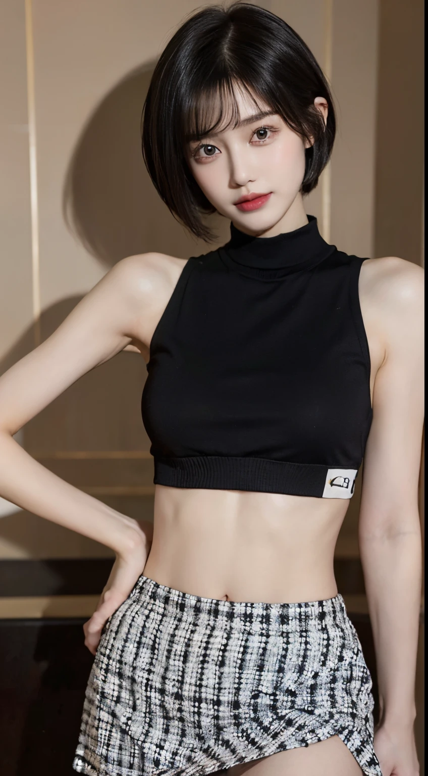 (Best quality at best, 8K, tmasterpiece: 1.3)), 1 girl, Slim Abs Beauty: 1.3, (Short Hairstyles for Black Hair, bigger: 1.2), a skirt: 1.1, Super slim face, Elaborate Eyes, 二重まぶた, ssmile, Duan, RAW photogr