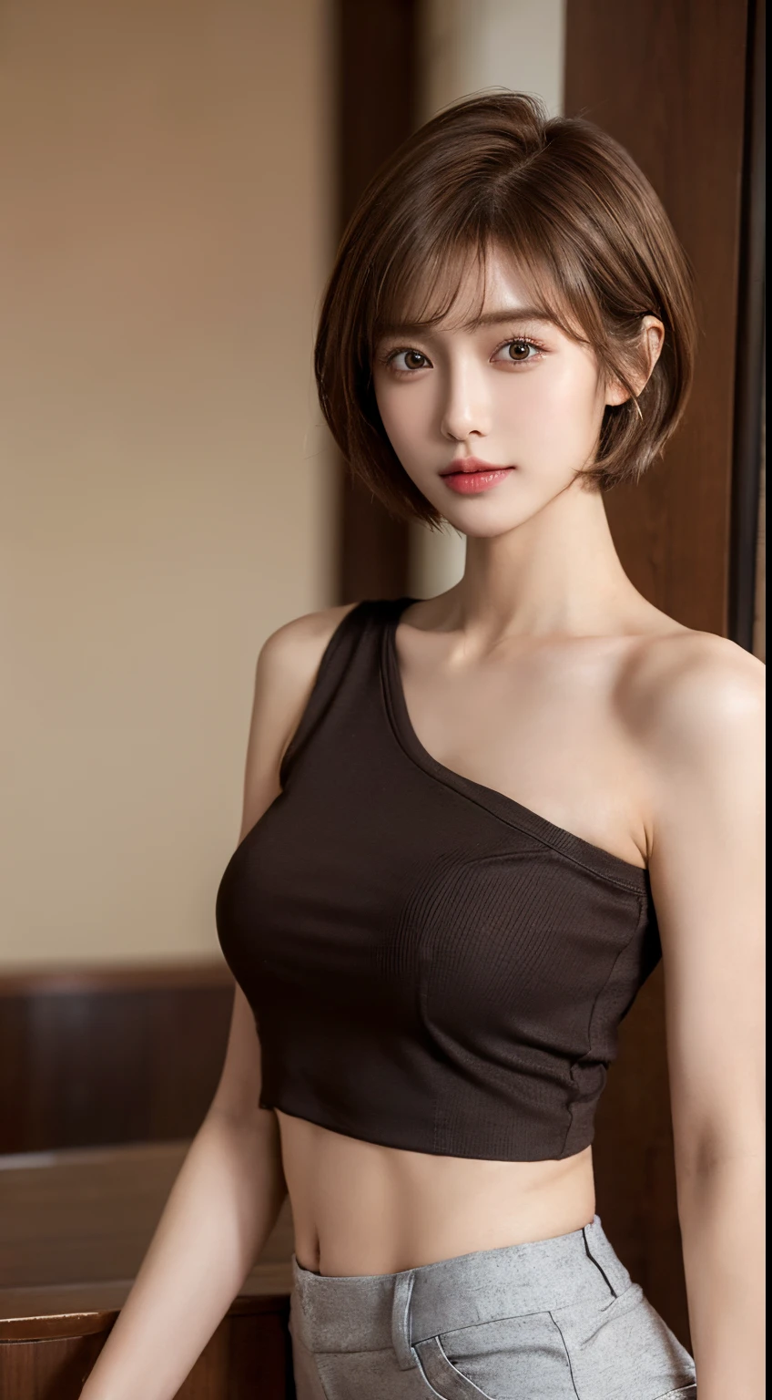 (Best quality at best, 8K, tmasterpiece: 1.3)), 1 girl, Slim Abs Beauty: 1.3, (Brown Hair Short Hairstyles, bigger: 1.2), skinny pants: 1.1, Super slim face, Elaborate Eyes, 二重まぶた, ssmile, Duan, RAW photogr