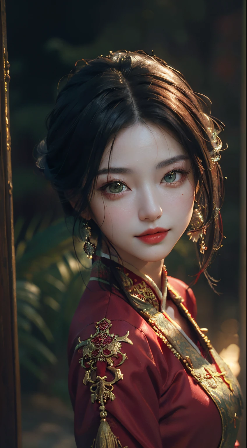 Best quality, (RAW photo: 1.2), (Masterpiece: 1.4), (Realism: 1.4), (High resolution: 1.4), Chinese actress Guli Naza,green eyes, warm smile, red lips, depth of field, intricate details, 8k, very detailed, perfect lighting, epic background, red tang costume