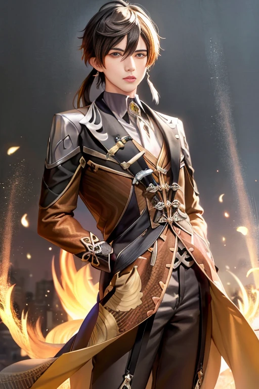 masterpiece, best quality,zhongli (genshin impact), male focus, jewelry, long hair, 1boy, solo, earrings, bangs, gloves, ponytail, black gloves, multicolored hair, brown hair, hair between eyes, single earring, jacket, tassel earrings, long sleeves, tassel, looking at viewer, yellow eyes,gradient hair, suit, black hair, (grey background:1.4),(kbxll:0.6)