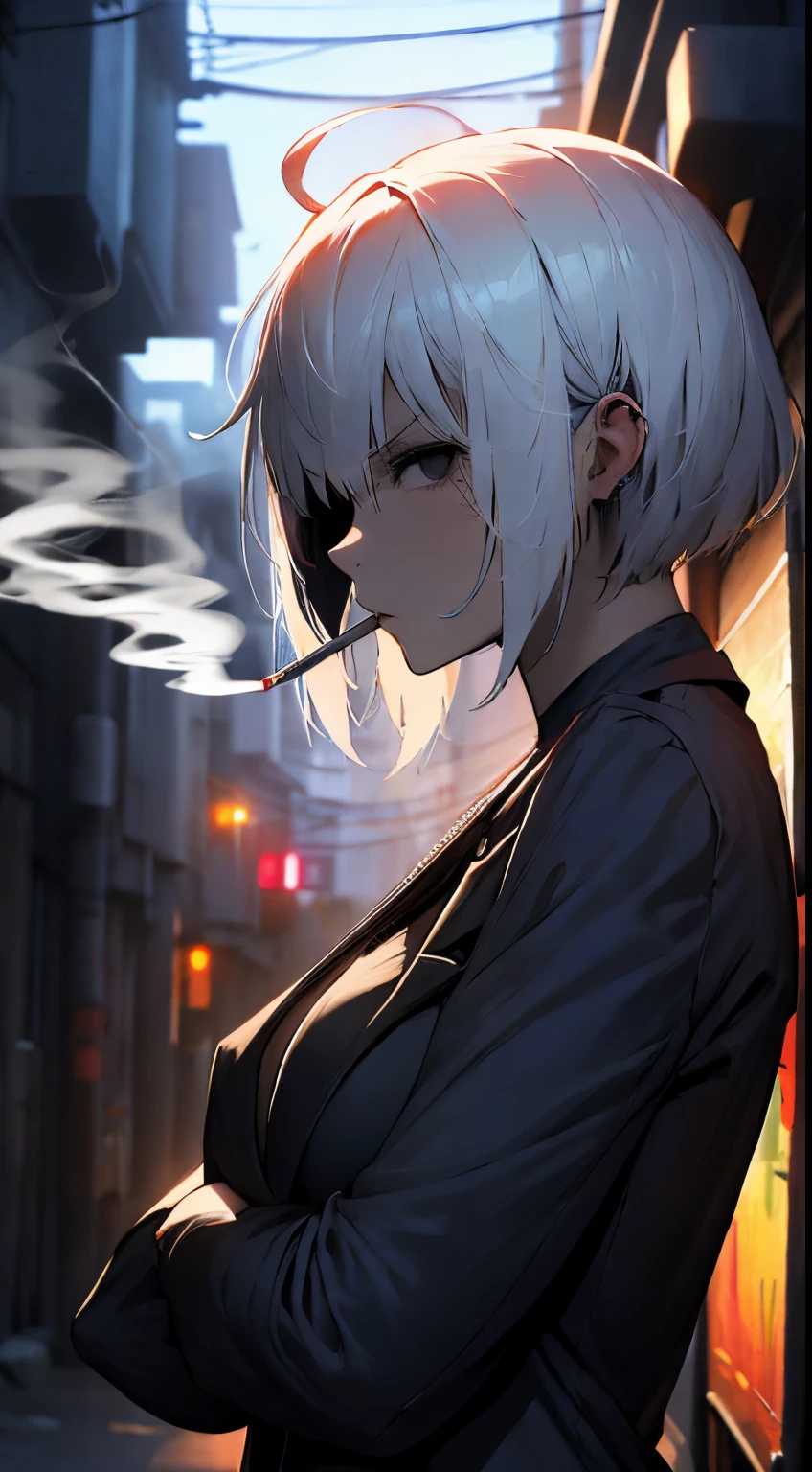 (highres:1.2),ultra-detailed,adult female,short white hair,black eyes,ahoge,black suit,crossed arms,eyepatch,smoking,night sky in city,illustration,vibrant colors,dramatic lighting