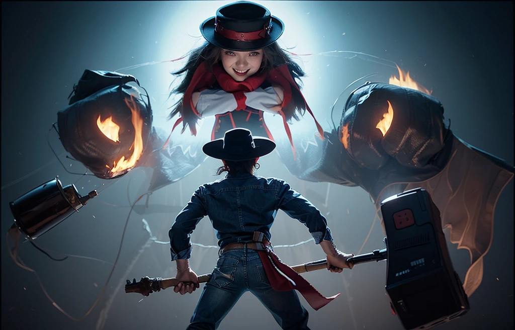 4K,Wear only blue jeans,Cowboy with exposed muscles, A cigar in his mouth, Holding a flaming hammer in his hand, Wearing a red scarf around the waist, facing away from the audience,A burly man in a black suit, White shirt with walkie talkie in pocket, Black pants, whitegloves, a black hat, with contempt in eyes,grin face,The white mask and red bow on the chest are facing the audience,Anatomical correct,The background is pure white