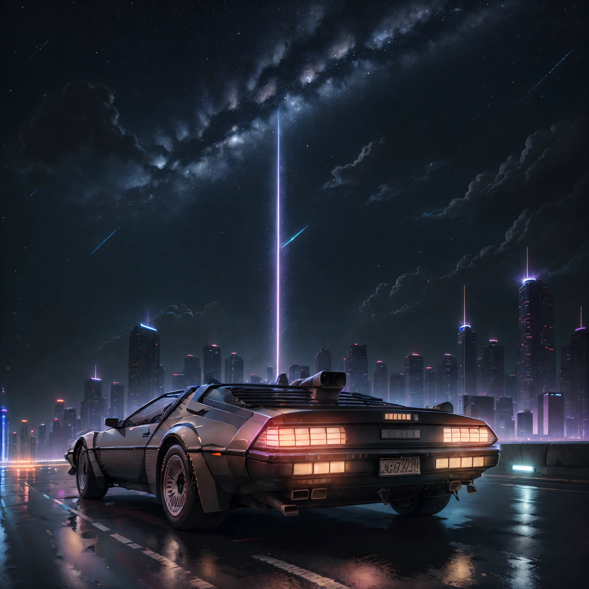 Retrowelle. Stadt,delorean dmc-12 , Breitbausatz, road, lila Neonlichter, Sonne, Berg,
(Meisterwerk, detailliert, high-res),verschiedene Blickwinkel,Movie, back to the future