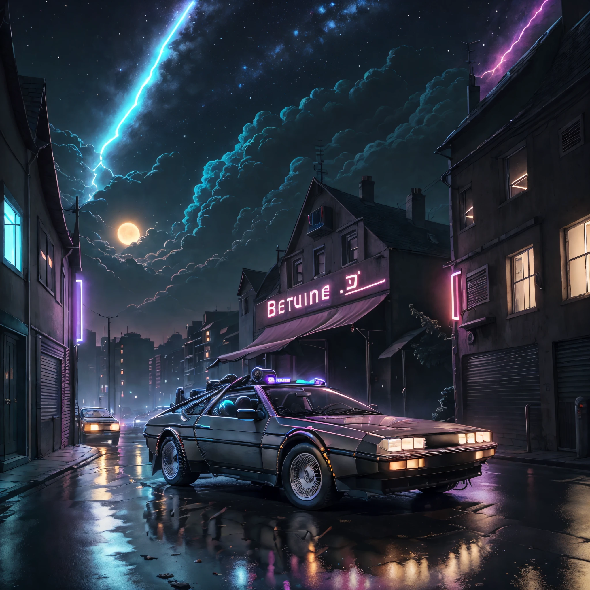 Retrowelle. Stadt,delorean dmc-12 , Breitbausatz, road, lila Neonlichter, Sonne, Berg,
(Meisterwerk, detailliert, high-res),verschiedene Blickwinkel,Movie, back to the future