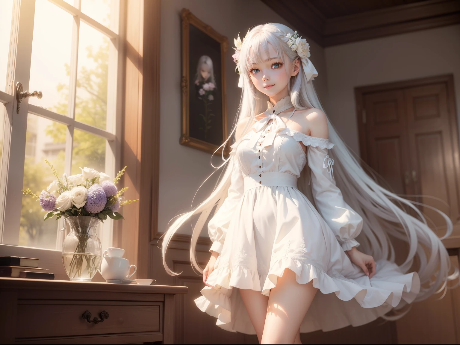 masutepiece, Superb Piece, Daytime, Indoor,sit a chair, Falling flowers, White Dress, 1 girl, A perfect woman, Woman with silver and white long hair, gray blue eyes, pale pink lips, Cold, Serious, Bang, Purple eyes, White clothes, black closing line, Delicate face, Exquisiteface, Standing Bow, tassels, Happiness knot, Smile,Skinny Legs,