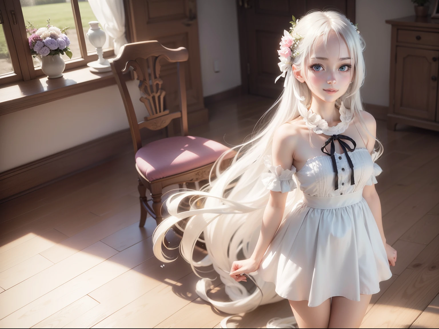 masutepiece, Superb Piece, Daytime, Indoor,sit a chair, Falling flowers, White Dress, 1 girl, A perfect woman, Woman with silver and white long hair, gray blue eyes, pale pink lips, Cold, Serious, Bang, Purple eyes, White clothes, black closing line, Delicate face, Exquisiteface, Standing Bow, tassels, Happiness knot, Smile,Skinny Legs,