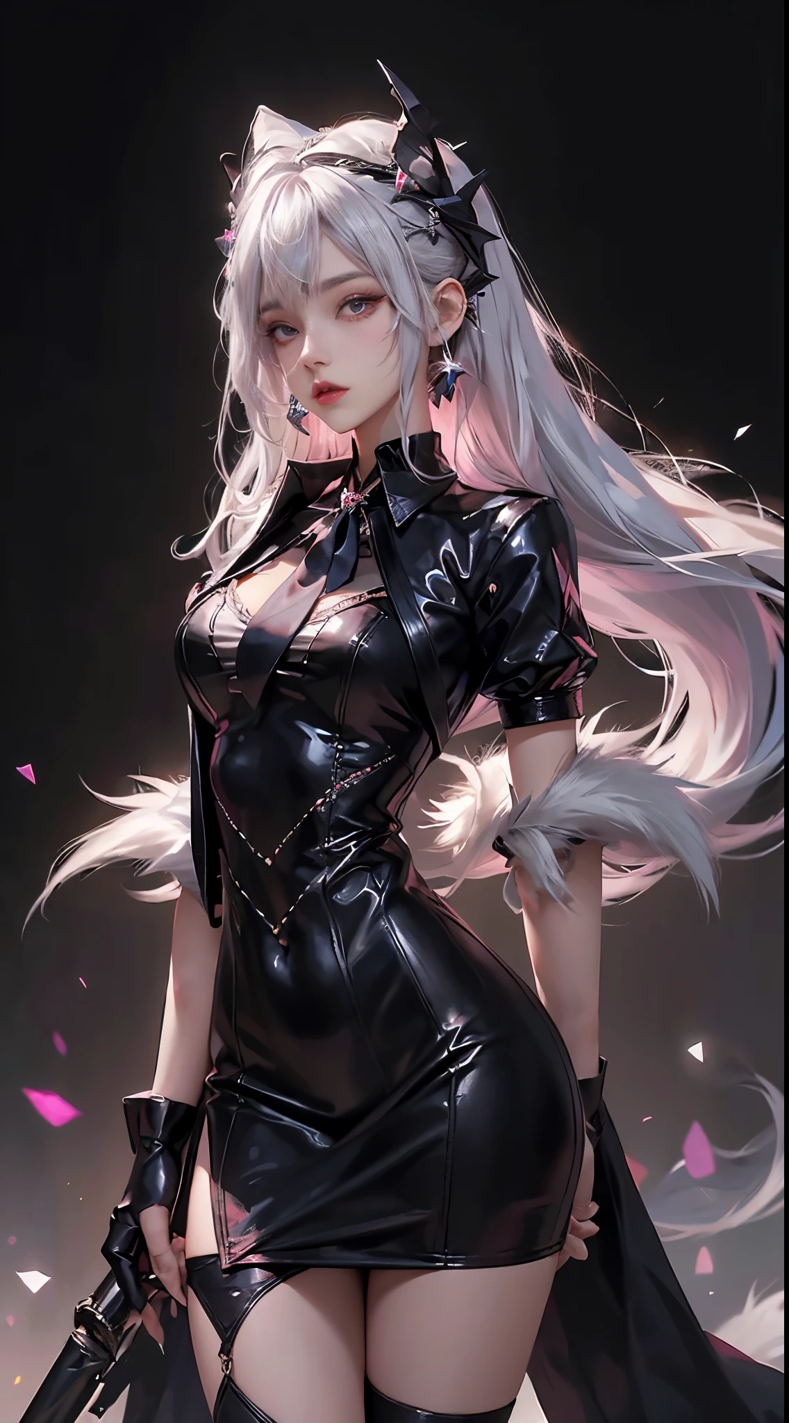 realistically, A high resolution, 1 Women, Alone, butt lift,(Lolita costume), pretty eyes, White hair, eye socket, collared shir,black necktie,pinkskirt, pencil skirts, Fur coat