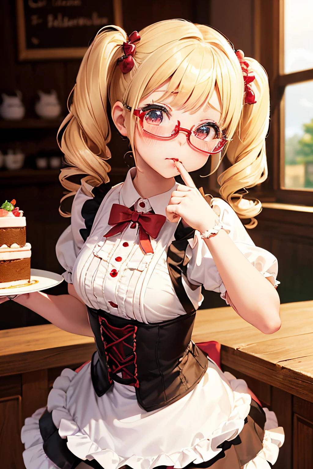 promo photo, The place is a coffee shop, 1 girl, Waitress carrying cake to table, Gentle face, Gothic Lolita half costume and maid costume with strawberry image, Clothes based on white,,(((Petite girl with blonde twin tails))),(((kawaii pose))),(((kawaii pose))),(((red blush))),(((Cute voice))),Glasses